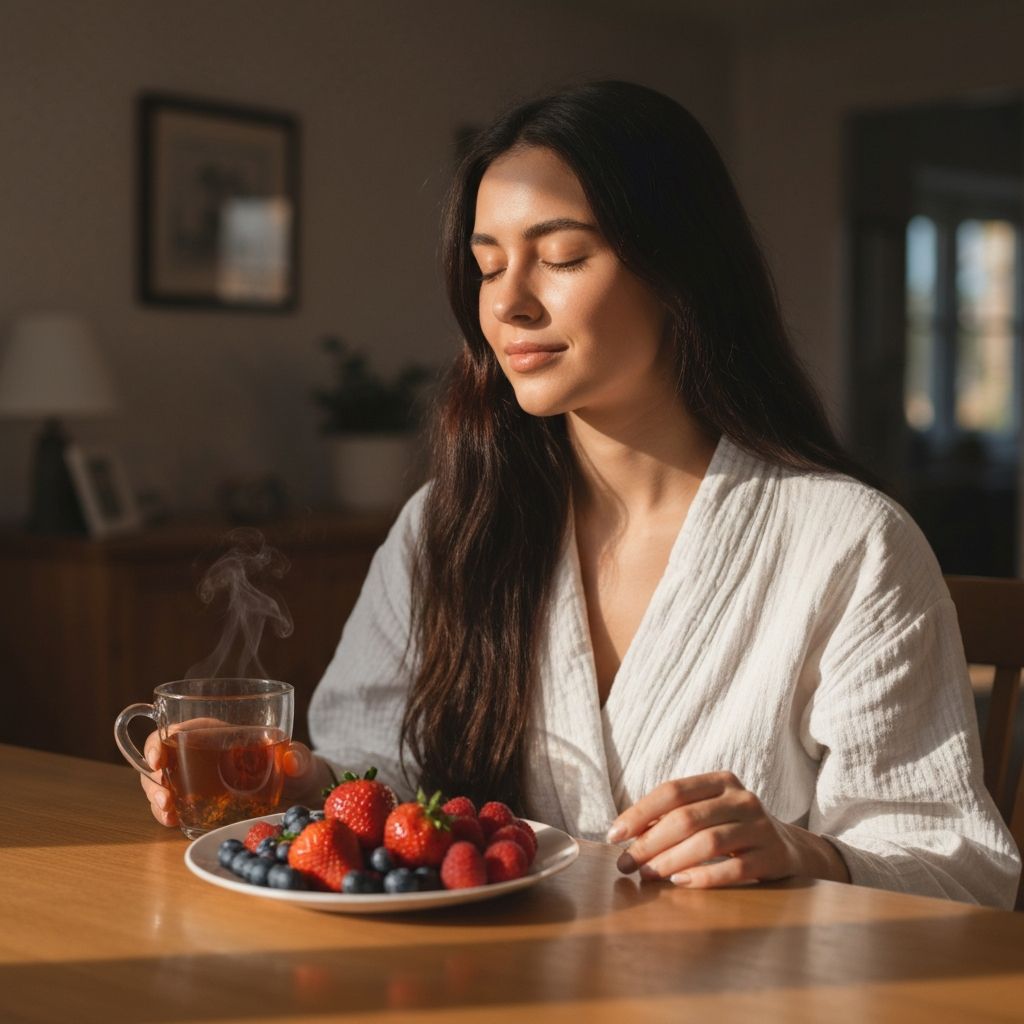 Жена име чай и плодове за закуска в спокойна сутрин